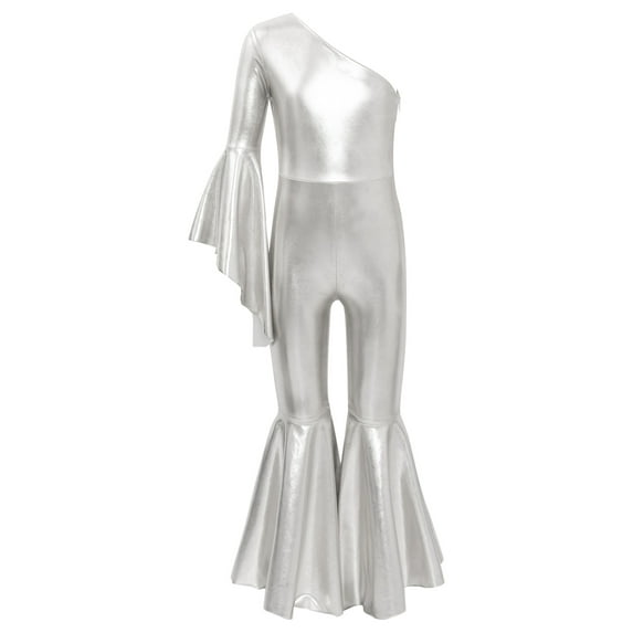 Rswnyirn Girls Full Body One Shoulder Ballet Gymnastics Dancewear Flare Bell Bottom Wide Leg Romper Silver 16