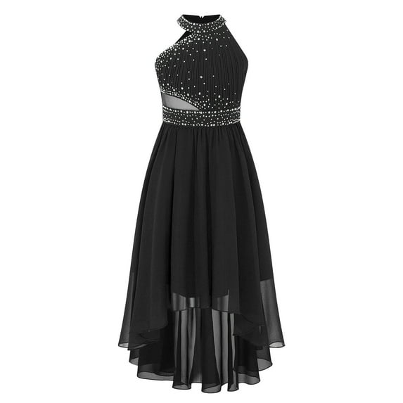 Rswnyirn Girls High Low Dress Halter Sleeveless Wedding Pageant Party Ruched Chiffon Formal Flower Black 14