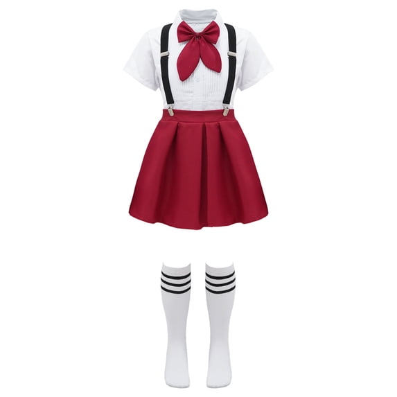 Rswnyirn Girls School Uniform Outfits Shirt Tops with Suspender Skirt and Bow tie Socks Schoolgirls Type B Burgundy 110
