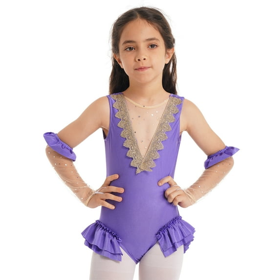Rswnyirn Girls Showman Costume Halloween Party Dress Up Mesh Splice Leotard with Arm Sleeves Lavender 8