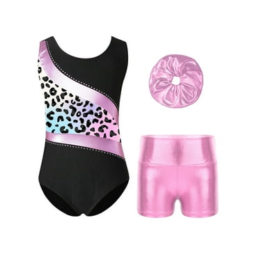 Rswnyirn Gymnastics Leotard for Girls Sparkle Tumbling Dancing Biketards with Shorts Headband Set Pink 12