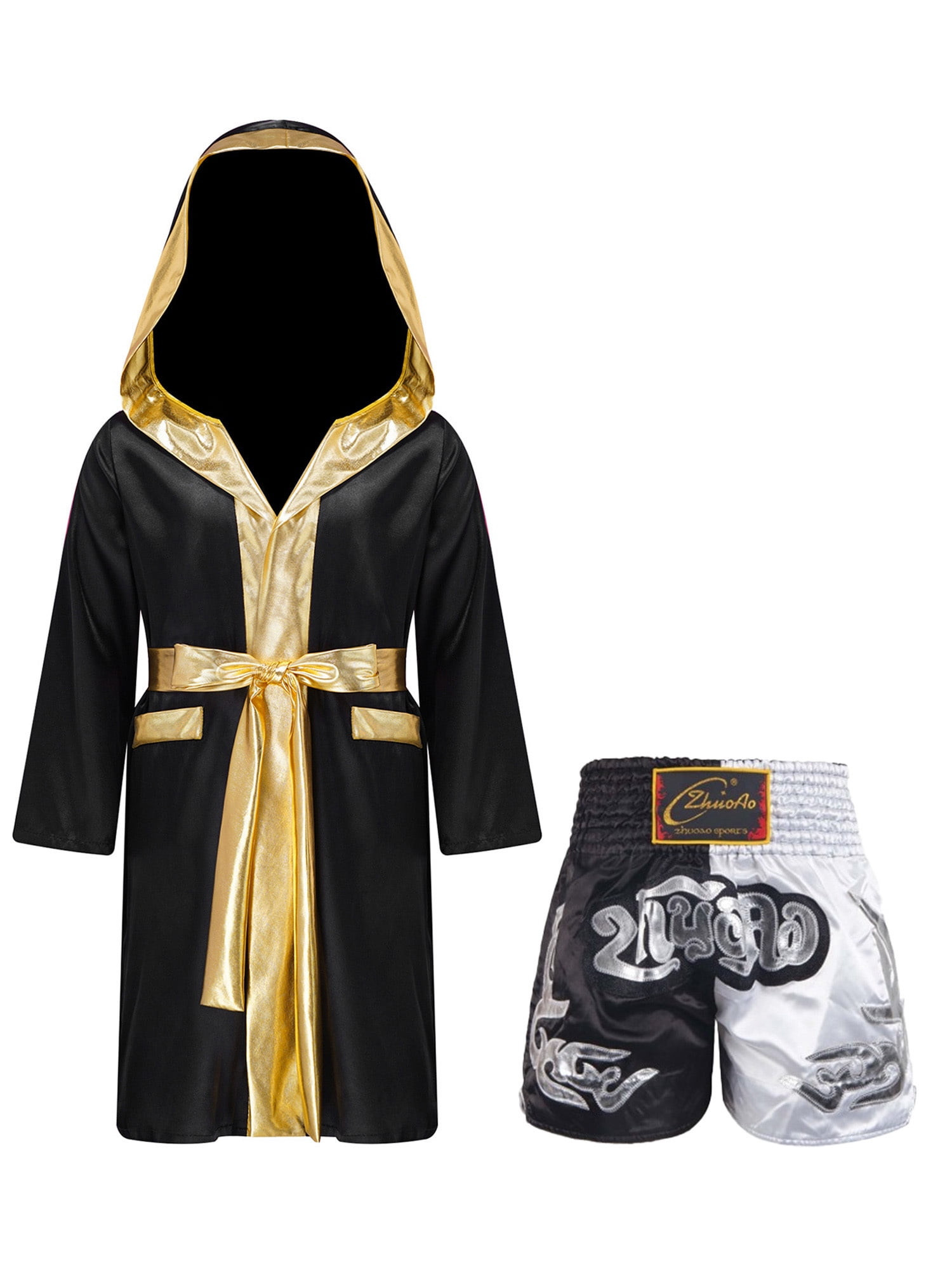 Rswnyirn Kids Boys 2 Piece Boxing Uniform Set Satin Long Hooded Boxing ...