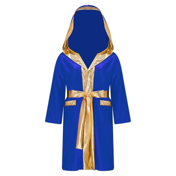 Rswnyirn Kids Boys Boxing Robe Hooded Satin Hoodie Halloween Cosplay Costume Royal Blue 10