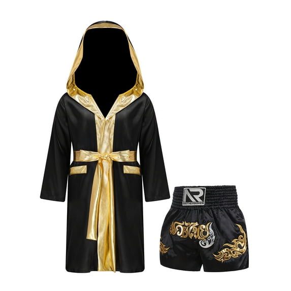Rswnyirn Kids Boys Boxing Robes Costume Satin Hooded Boxing Robe with Belt and Muay Thai Shorts Set A Black 6