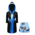 thumbnail image 1 of Rswnyirn Kids Boys Boxing Robes Costume Satin Hooded Boxing Robe with Belt and Muay Thai Shorts Set Black&Light Blue 16, 1 of 5