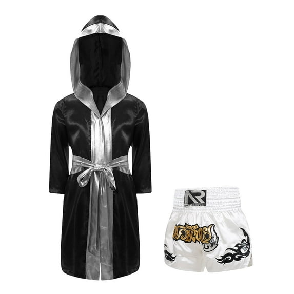 Rswnyirn Kids Boys Boxing Robes Costume Satin Hooded Boxing Robe with Belt and Muay Thai Shorts Set Black&Silver&White 8