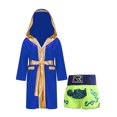 thumbnail image 1 of Rswnyirn Kids Boys Boxing Robes Costume Satin Hooded Boxing Robe with Belt and Muay Thai Shorts Set Royal Blue&Fluorescent Green 12, 1 of 5