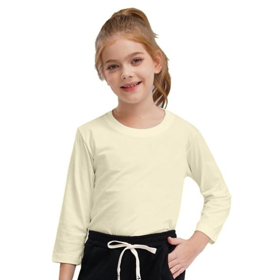 Rswnyirn Kids Boys Girls Long Sleeve Crewneck Shirts Cotton Tee Tops Solid Pullover Undershirts Beige 7-8