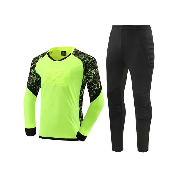 Rswnyirn Kids Boys Soccer Goalkeeper Kit Long Sleeve Padded Goalie Shirts with Sweatpants Set Fluorescent Green 13-14