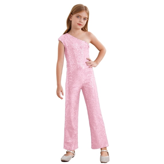 Rswnyirn Kids Flower Girls Allover Sequins Jumpsuit One Shoulder Sleeveless Wide Leg Romper Pink 8
