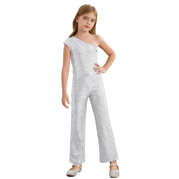 Rswnyirn Kids Flower Girls Allover Sequins Jumpsuit One Shoulder Sleeveless Wide Leg Romper Silver 10