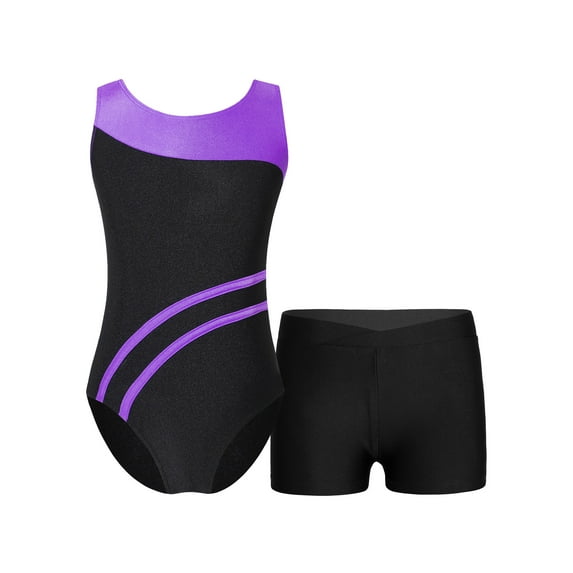 Rswnyirn Kids Girls 2 Piece Gymnastic Ballet Dance Outfit Sleeveless Open Back Leotard with Shorts Purple&Black 14