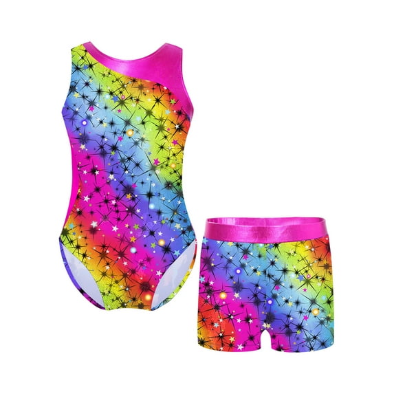 Rswnyirn Kids Girls 2Pcs Gymnastics Outfits Sleeveless Dance Leotard with Shorts Athletic Biketard Starry Rainbow 12
