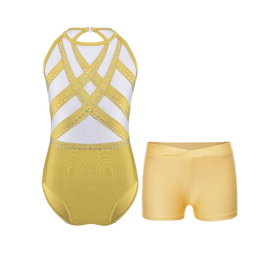 Rswnyirn Kids Girls Gymnastics Training Suit Glittery Rhinestones Skating Leotard with Shorts Set Yellow 12