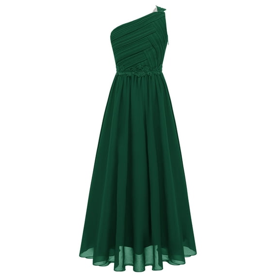 Rswnyirn Kids Girls One Shoulder Pleated Proms Wedding Party Long Maxi Junior Bridesmaid Dress Green 16