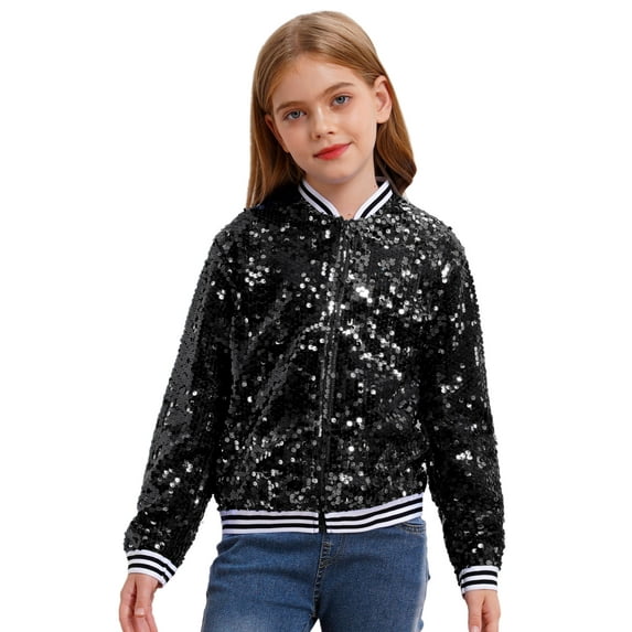 Rswnyirn Kids Girls Sequin Bomber Jacket Sparkle Long Sleeve Zipper Party Jacket Outwear Coat Black 6