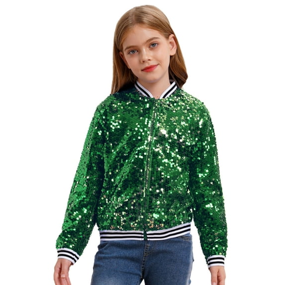 Rswnyirn Kids Girls Sequin Bomber Jacket Sparkle Long Sleeve Zipper Party Jacket Outwear Coat Green 6