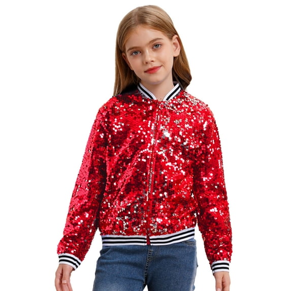 Rswnyirn Kids Girls Sequin Bomber Jacket Sparkle Long Sleeve Zipper Party Jacket Outwear Coat Red 8