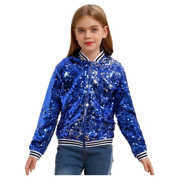 Rswnyirn Kids Girls Sequin Bomber Jacket Sparkle Long Sleeve Zipper Party Jacket Outwear Coat Royal Blue 6