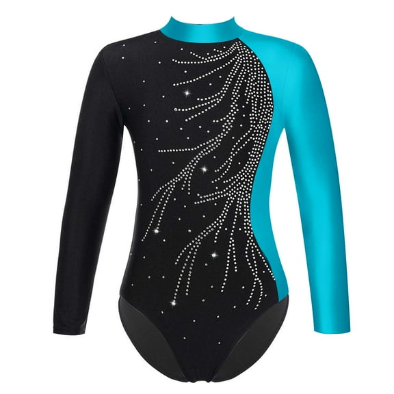 Rswnyirn Kids Girls Shiny Dance Clothes Long Sleeve Color Patchwork Gymnastic Leotard Unitard Lake Blue 6