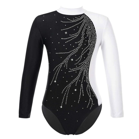 Rswnyirn Kids Girls Shiny Dance Clothes Long Sleeve Color Patchwork Gymnastic Leotard Unitard White 8