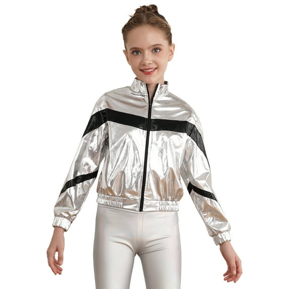 Rswnyirn Kids Girls Shiny Metallic Zipper Bomber Moto Jacket Dance Disco Party Coat Lightweight Silver 8