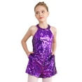 thumbnail image 1 of Rswnyirn Kids Girls Sleeveless Short Jumpsuit Sequins Pageant Romper Halter Neck Formal Suit Dance Purple 14, 1 of 7