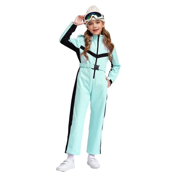 Rswnyirn Kids Girls Snowsuit One Piece Waterproof Ski Suits Warm Skiing Snowboarding Jumpsuit with Belt Light Green 14