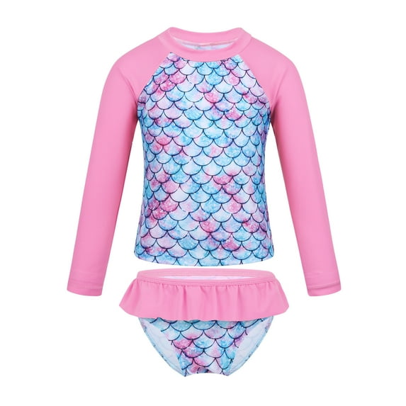 Rswnyirn Kids Girls Two Piece Swimsuit Long Sleeve Mermaid Print UPF 50+ Rash Guard Set Pink 8