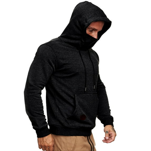 Rswnyirn Men Casual Gym Workout Hooded Long Sleeve Sweatshirt Hoodie with Face Cover Mask Black 3XL