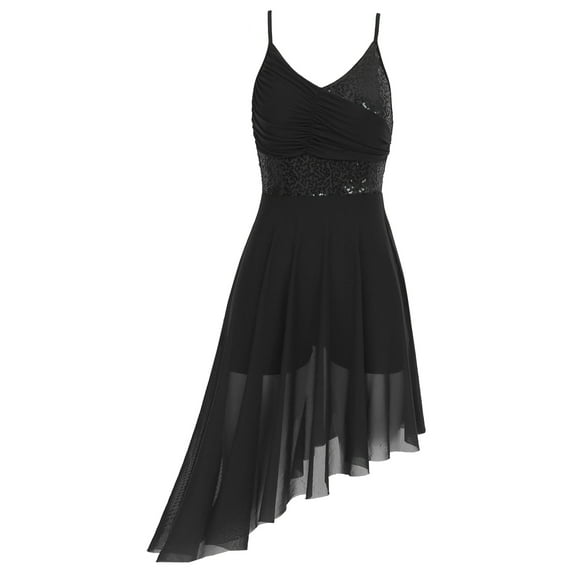 Rswnyirn Women Lyrical Dance Dress Modern Contemporary Dance Costume Shiny Sequins Mesh High Low Black S