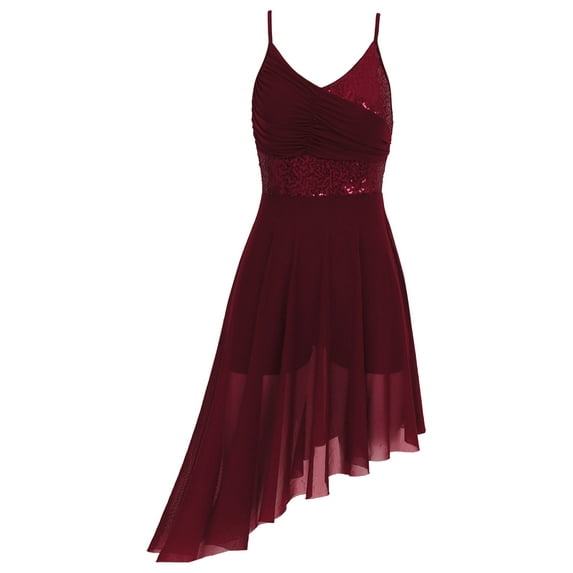 Rswnyirn Women Lyrical Dance Dress Modern Contemporary Dance Costume Shiny Sequins Mesh High Low Burgundy L