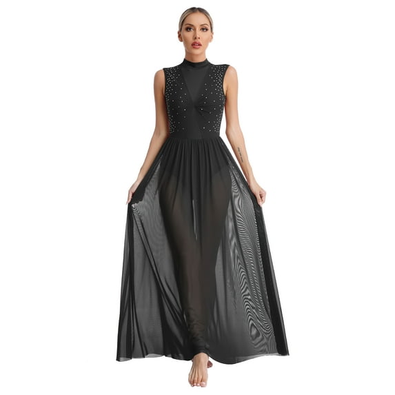 Rswnyirn Women Lyrical Dance Dress Sheer Mesh Tulle Maxi Long Skirt Modern Contemporary Dancewear Black XXL