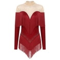 thumbnail image 1 of Rswnyirn Women Tassel Latin Dance Leotard Long Sleeve Shiny Fringe Tango Salsa Cha-Cha Bodysuit Burgundy XXL, 1 of 6