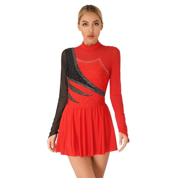 Rswnyirn Women's Adult Shiny Rhinestone Figure Ice Skating Dress Mesh Long Sleeve Competition Dance Red M