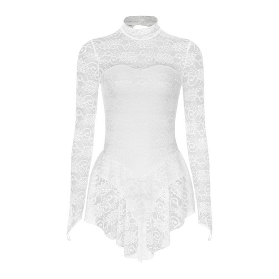 Rswnyirn Women's Floral Lace Figure Skating Dress Long Sleeve Gymnastics Ballet Leotard Dance Dress Ivory XL