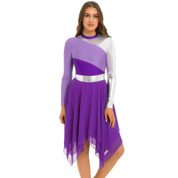 Rswnyirn Women's Metallic Color Block Praise Dance Dress Long Sleeve Liturgical Worship Dresses Purple S