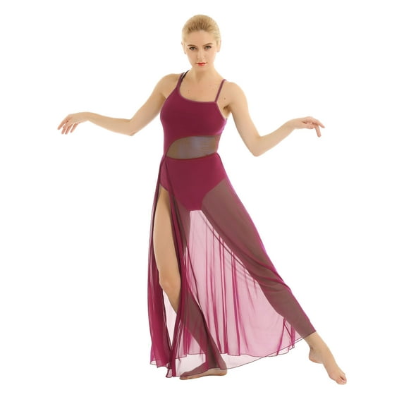 Rswnyirn Women's Modern Lyrical Dance Costume Mesh Patchwork Flowy Maxi Leotard Dance Dress Burgundy L