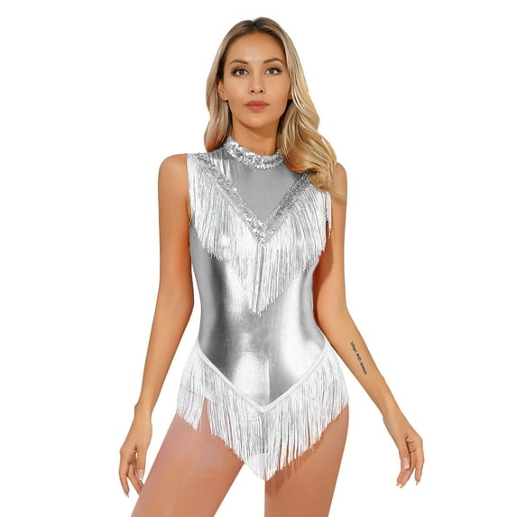 Rswnyirn Womens Shiny Metallic Sleeveless Fringed Bodysuit Sequins Mock Neck Tassel Jazz Dance Silver L