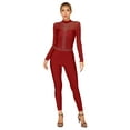 thumbnail image 1 of Rswnyirn Womens Shiny Rhinestone Gymnastics Leotard Long Sleeve Sheer Mesh Figure Skating Jumpsuit Burgundy M, 1 of 7