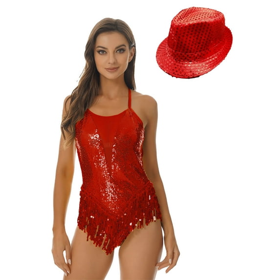 Rswnyirn Womens Shiny Sequin Tassel Leotard Fringe Bodysuit Ballroom Latin Jazz Costumes with Red M