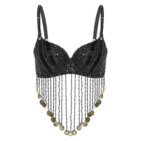 Rswnyirn Womens Sparkly Sequin Bra Beaded Belly Dance Tops with Tassels Costume for Halloween Party Black One Size