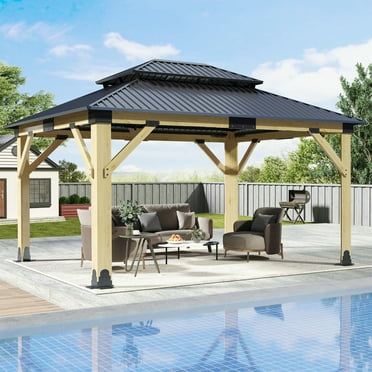 Rsyafung 11'x13' Wood Gazebo,Outdoor Hardtop Gazebo with Galvanized Steel Doule Roof, Wooden Frame Gazebos for Patio Backyard Deck