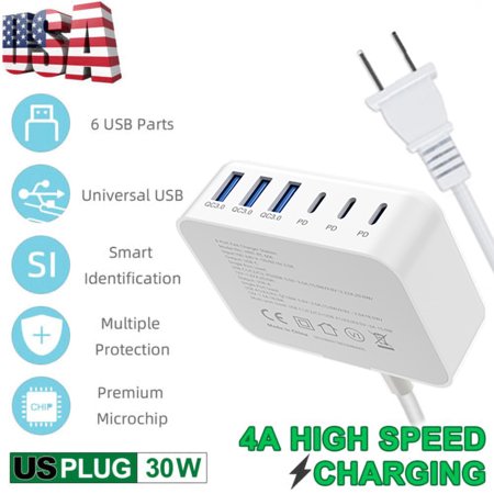 Rtmgob Phone Charger, 30W 6-Port Fast USB C Charging Station, Portable USB Wall Charger Plug, Power Adapterfor //Android