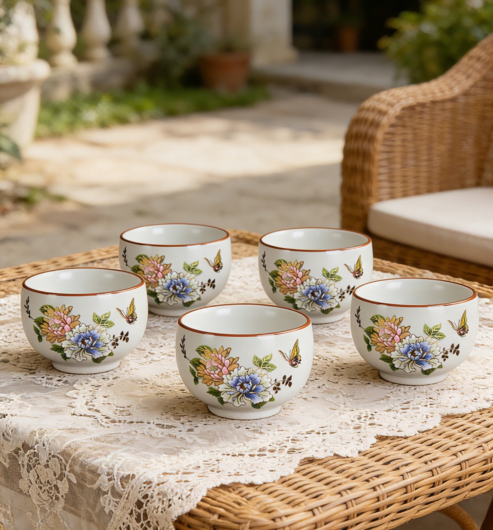 茶 ksks ksksS Ru Kiln Butterfly Tea Cups Set of 5, 160ml/5.4oz, Crackle Glaze