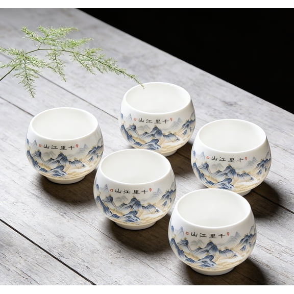 5-Piece Thousand Li of Rivers Mountain Sheep Fat Jade Porcelain Tea Cup Set, 200ml Chinese Style Master Cup, Coffee & Water Cup