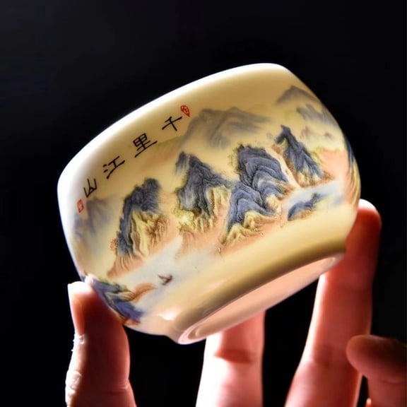 5-Piece Thousand Li of Rivers Mountain Sheep Fat Jade Porcelain Tea Cup Set, 200ml Chinese Style Master Cup, Coffee & Water Cup