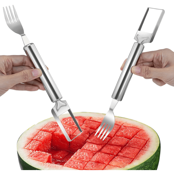 RuWeoMaa 2 Pack 2-in-1 Stainless Steel Fruit Cutter, 2025 New Watermelon Fork Slicer Cutter Slicer, Dual Head Fruit Knife Tool for Home Kitchen