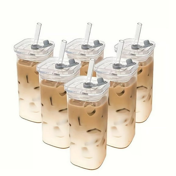 RuWeoMaa 5PCS Square Heat Resistant Coffee Glass Cup with Lid and Straw Transparent Milk Tea Juice Cups Coffee Mug for Home Bar Drinkware