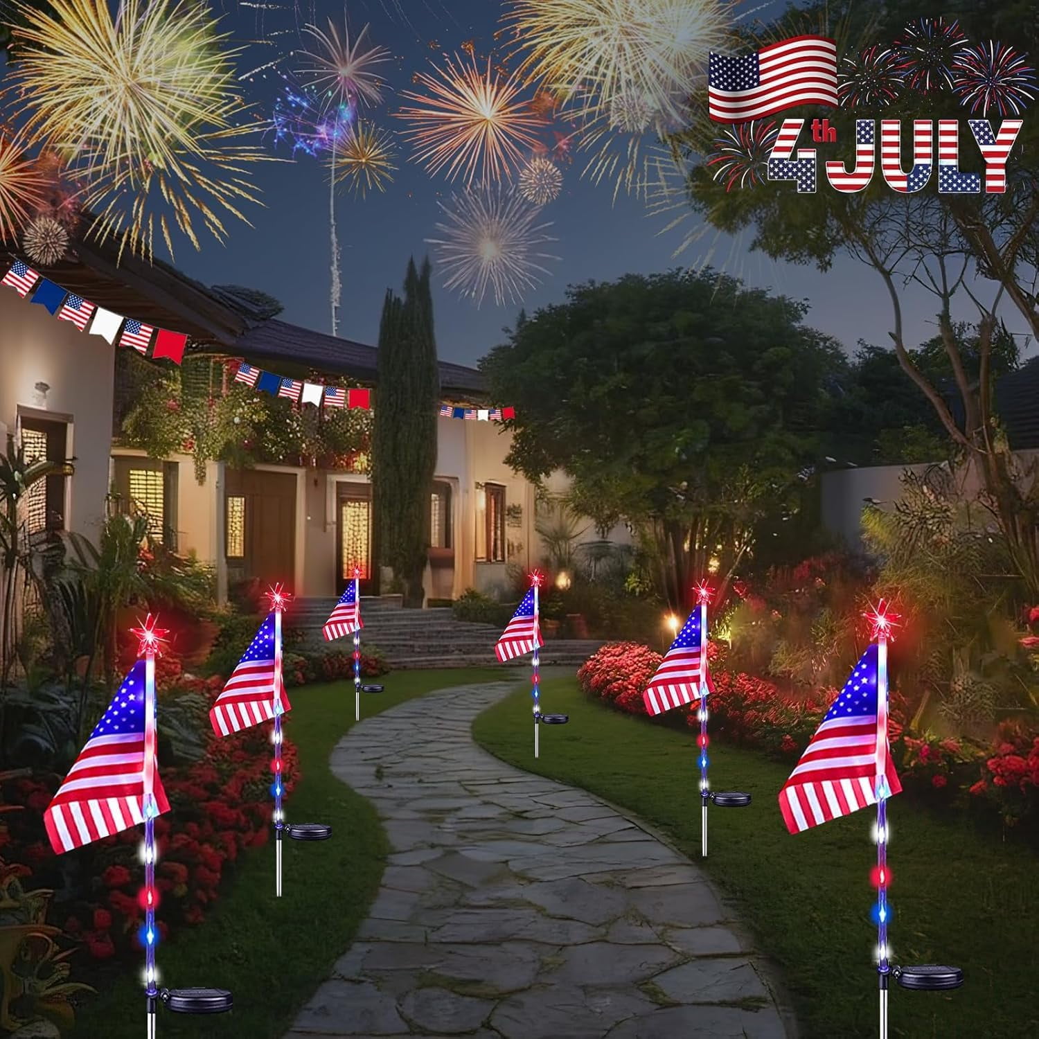 RuWeoMaa 6 Pack American Flag Lights, 4th of July Decor Outdoor Solar Lights, Red White and Blue Star Lights for National Day, Waterproof Patriotic Light for Independence Memory Day Garden Yard